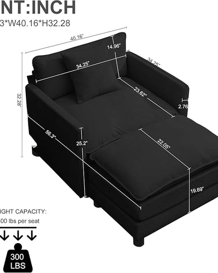 SZLIZCCC 56.3''D Oversized Chaise Lounge Chair Indoor, Comfy Chenille Upholstered Sofa Chair with Ottoman, Deep Seat Single Sofa Couch with 1 Pillow for Living Room(Black, 56.3"- Single Seat)