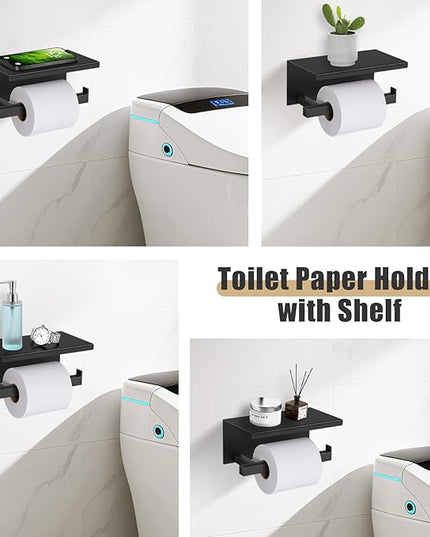 YACVCL 5-Pieces Matte Black Bathroom Hardware Accessories Set 23.6 Inch Towel Bar Set Upgraded Toilet Paper Holder with Shelf Stainless Steel Wall-Mounted Bathroom Hardware Set