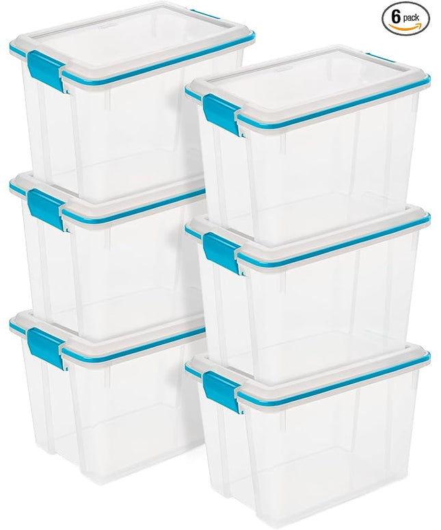 Sterilite 6-Pack Gasket Box, Weather-Resistant Storage Bins with Latching Lids, 20 Quart - Heavy-Duty Organizing Containers for Closet, Bathroom, and Office