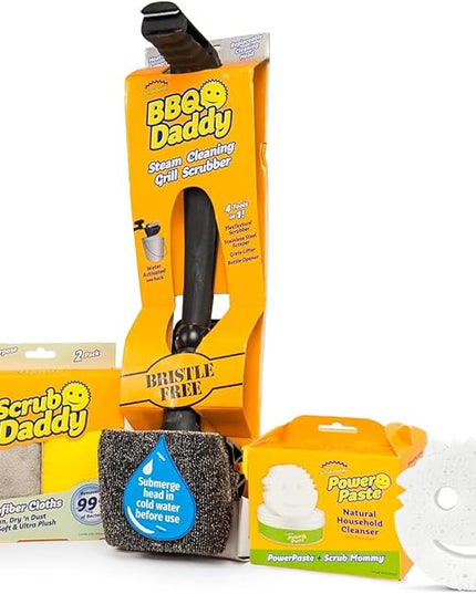 Scrub Daddy Household Cleaning Supplies - The Microfiber BBQ Bundle - Includes 2 Microfiber Towels, 1 Grill Brush & PowerPaste Cleaning Paste with 1 Scrub Mommy Sponge