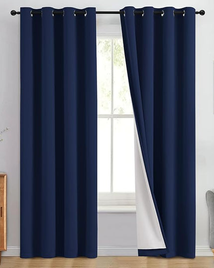 Yakamok 100% Blackout Curtain Panels 84 inches Cold and Light Blocking Drapes for Nursery, 2 Thick Layers Thermal Insulated Draperies (2 Pieces, 50 Wide Each Panel, Navy Blue Front with White Backing)