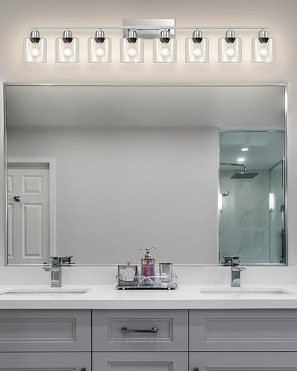 Modern Brushed Nickel 8 Light Bathroom Light Fixtures,52 inch Vanity Lights for Bathroom with Clear Glass for Mirror Kitchen Living Room Hallway Cabinet Porch