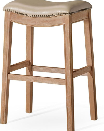 Maven Lane Adrien Backless Bar Stool – 31 Inch Saddle Seat with Footrest – Brown Solid Wood Frame & Beige Faux Leather Upholstery – Ideal for Bars, Pub Tables & Tall Kitchen Counters
