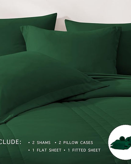 Monbix Full Comforter Set - 7 Pieces Emerald Green Bed in a Bag Full Size Bedding Sets with Comforters, All Seasons Comforter with Sheets, Pillowcases & Shams