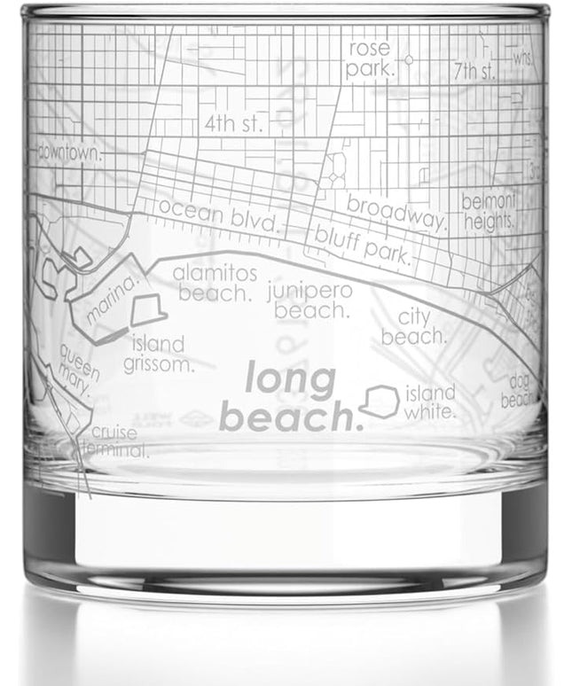 Well Told Engraved Long Beach California Map Rocks Glass, Old Fashioned Glassware (11 oz, Clear) Etched Bourbon Tumbler, Gifts For Whiskey Lovers