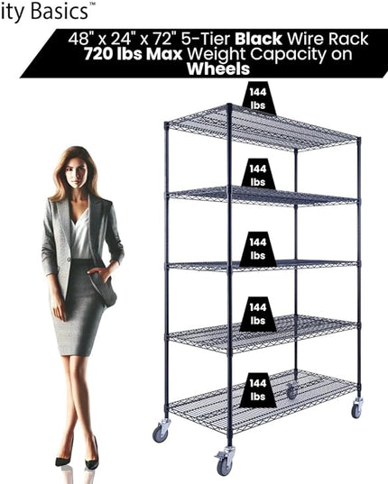 NSF Commercial 5-Tier Wire Shelving with Wheels, 48"x24"x72" Heavy Duty Metal Shelves 4000 lbs Max Capacity, Black Storage Rack for Garage Kitchen Pantry Warehouse