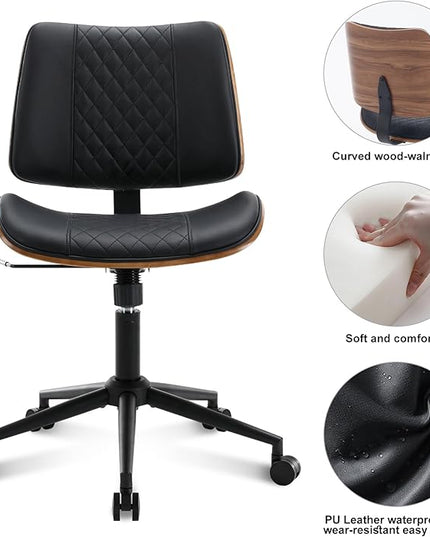 BV Small Desk Chair, Mid Century Office Chair with Bentwood Back, Armless Task Swivel Chair with Wheels, Mid Back No Arms, Faux Leather Office Chairs for Small Space, Black