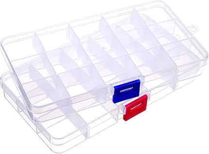 2Pcs Bead Organizer Box, Mini Clear Plastic Storage Box with Removable Divider for Beads Jewelry Rhinestone Small Parts Hair Stuff Accessory DIY Supply (15 Grids)