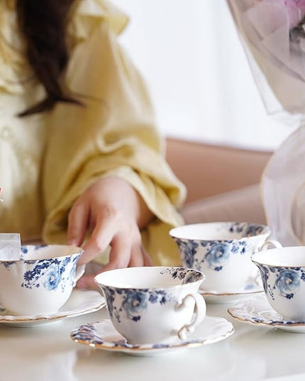 Jomop Ceramic Tea Cups Coffee Cup and Saucers Set of 4 (Blue and White)