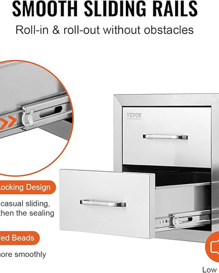 VEVOR Outdoor Kitchen Cabinets 14W x 14.3H x 23D Inch, BBQ Island Drawers Stainless Steel, Flush Mount Double with Handle, BBQ Island for Outdoor Kitchens or Grill Station
