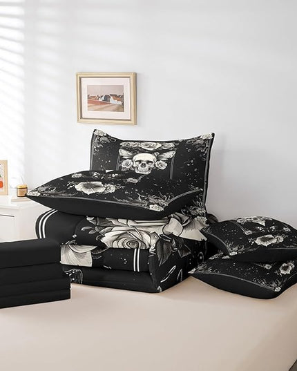 Feelyou Death Moth Kids Comforter Set 7 Pieces, Gothic Skull Skeleton Bedding Full with 1 Comforter,1 Fitted Sheet,1 Flat Sheet,2 Pillowcases,2 Throw Pillow Cover,Boho Flower Bed Set for Boys Girl