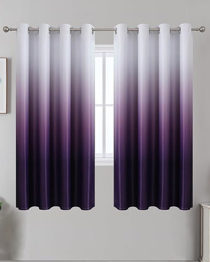 Estelar Textiler Purple and Greyish White Blackout Curtains for Bedroom 63 Inch Length 2 Panels Set, Full Room Darkening Thermal Insulated Grommet Top Ombre Window Drapes for Living Room,W52xL63