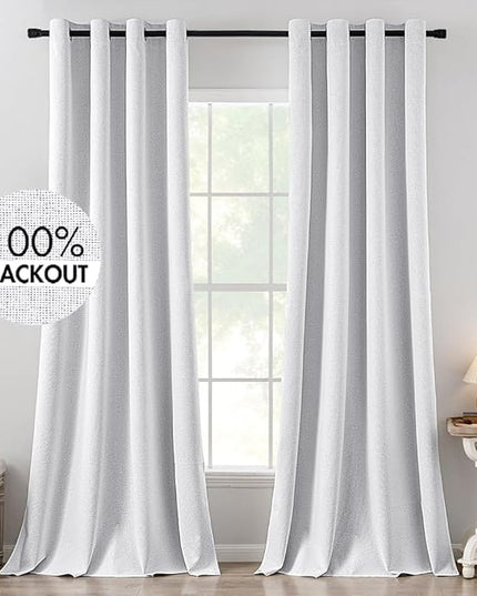 MIULEE Linen Texture Curtains for Bedroom Solid 100% Blackout Thermal Insulated Grayish White Curtains Grommet Room Darkening Curtains/Drapes Decor for Living Room 52x120 Inch (2 Panels)