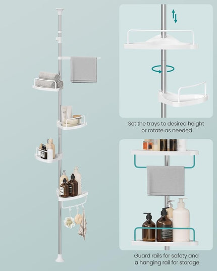 SONGMICS Corner Shower Caddy Tension Pole, 4-Tier Rust-Resistant Shower Organizer, Shower Shelf, Drill-Free, 35.8 to 118.1 Inches, Height Adjustable Trays, for Bathroom, Cloud White UBCB008W01