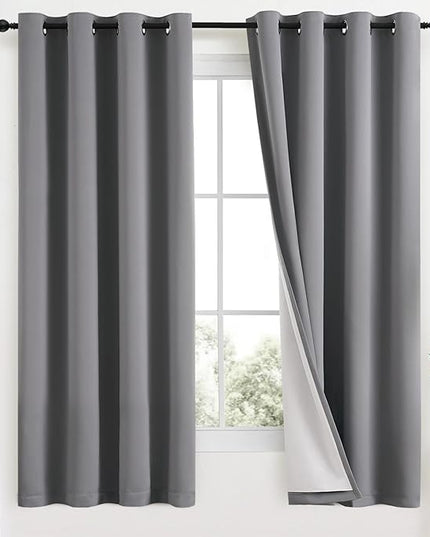 Yakamok Grey Room Darkening 100% Blackout Curtains Grommet Window Treatments with 2 Thick Layers-Gray Thermal Insulated Drapes Set of 2 Panels for Bedroom Living Room 52 Inches by 63 Inches Length
