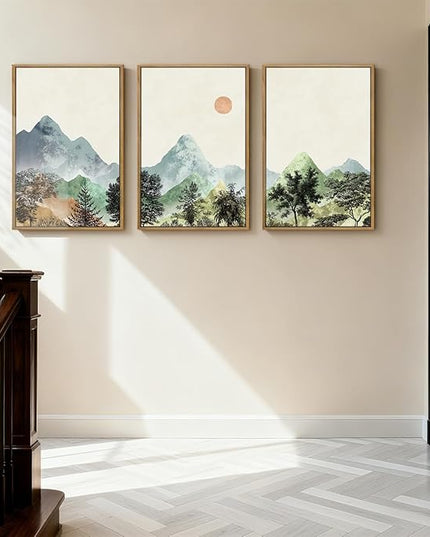ANHUIB Mountain Wall Art 16x24 Inch Watercolor Landscape Wall Decor Sun Forest Painting Minimalist Pine Tree Artprint Nature Illustration Set of 3 for Living Room Dining Room Office