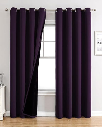ChrisDowa 100% Blackout Curtains 102 inch Long for Bedroom with Black Liner, 2 Thick Layers Total Blackout Thermal Insulated Grommet Window Curtains 2 Panels Set (Royal Purple, 52 x 102 Inch)