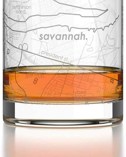 Well Told Engraved Savannah Georgia Map Rocks Glass, Old Fashioned Glassware (11 oz, Clear) Etched Bourbon Tumbler, Gifts For Whiskey Lovers