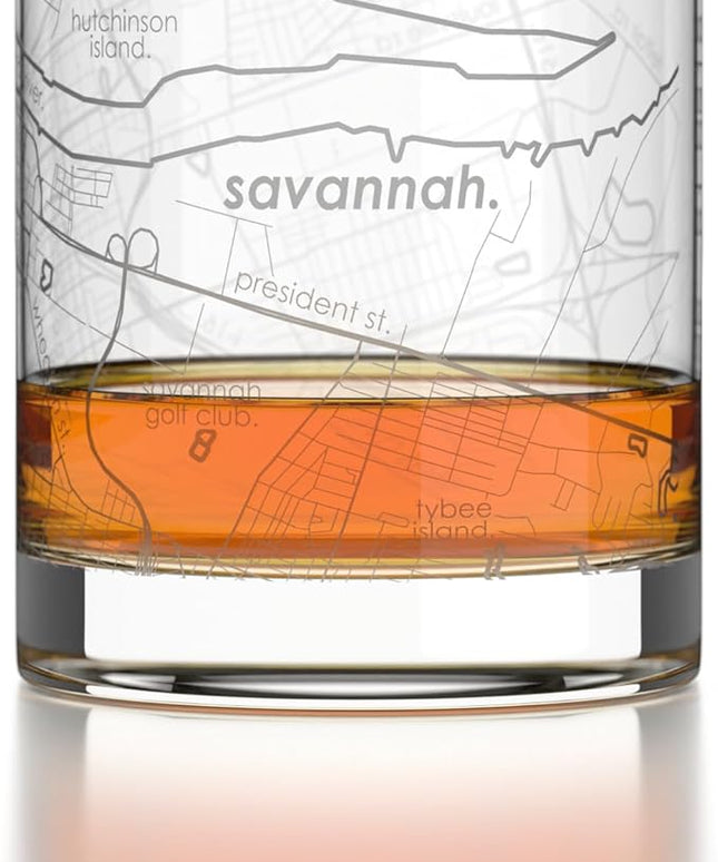 Well Told Engraved Savannah Georgia Map Rocks Glass, Old Fashioned Glassware (11 oz, Clear) Etched Bourbon Tumbler, Gifts For Whiskey Lovers