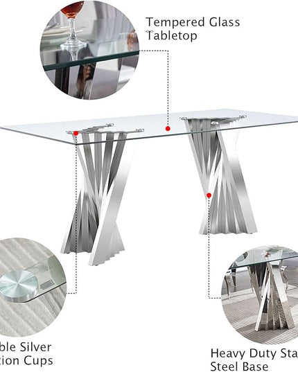 70'' Tempered Glass Top Dining Table With Mirrored Silver Stainless Steel Base for 4-8, Modern Rectangular Design for Dining Room and Living Room