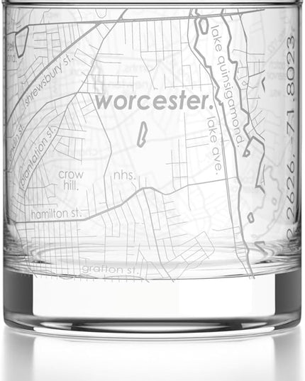 Well Told Engraved Worcester Massachusetts Map Rocks Glass, Old Fashioned Glassware (11 oz, Clear) Etched Bourbon Tumbler, Gifts For Whiskey Lovers