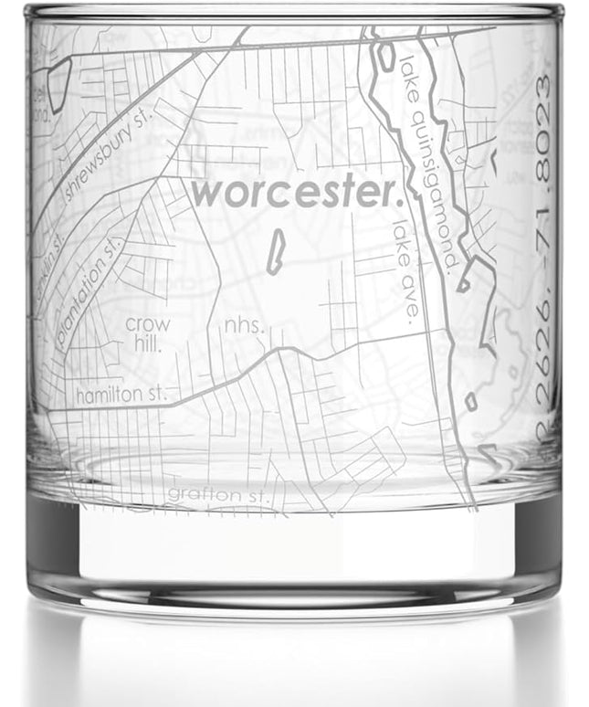 Well Told Engraved Worcester Massachusetts Map Rocks Glass, Old Fashioned Glassware (11 oz, Clear) Etched Bourbon Tumbler, Gifts For Whiskey Lovers