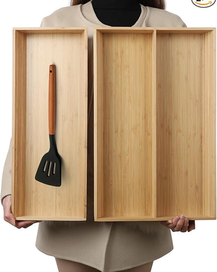 2-Piece V-Shaped Bamboo Drawer Organizer - Ideal for Kitchen's Large Long Tableware, Cooking Utensils, Flatware, Silverware - Wood Storage Box for Home, Bedroom, Bathroom (19.6"x12.4" & 19.6"x7.8")