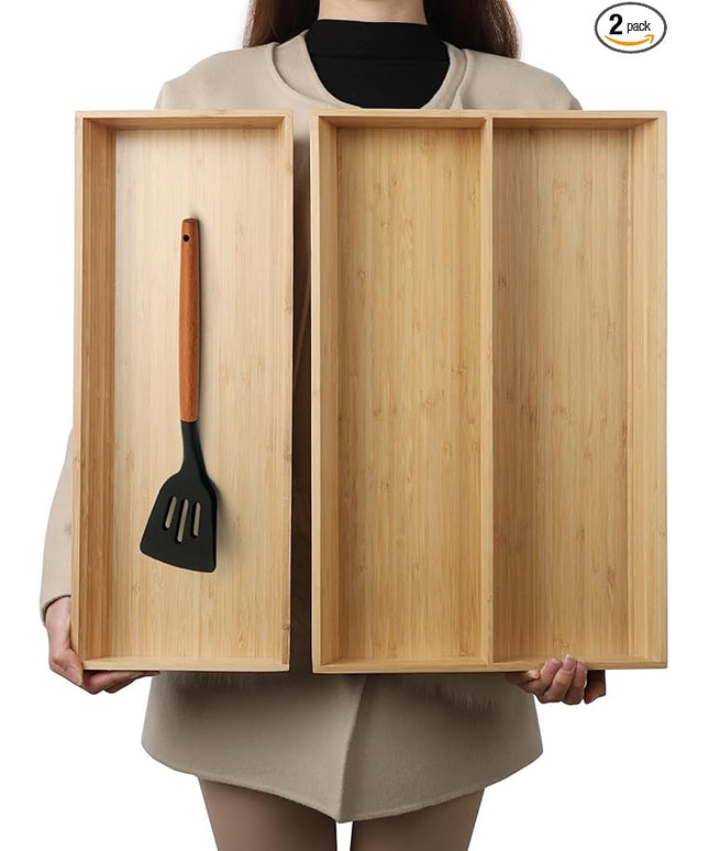 2-Piece V-Shaped Bamboo Drawer Organizer - Ideal for Kitchen's Large Long Tableware, Cooking Utensils, Flatware, Silverware - Wood Storage Box for Home, Bedroom, Bathroom (19.6"x12.4" & 19.6"x7.8")