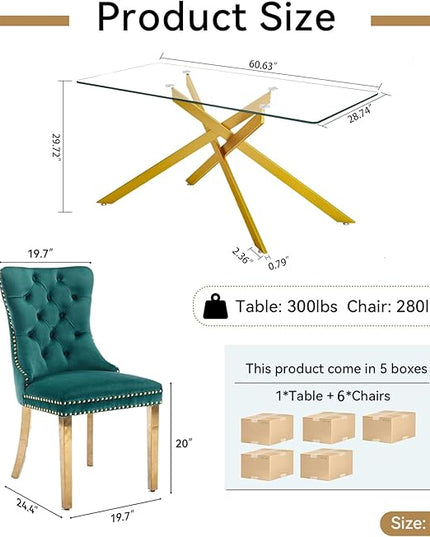 60" Glass Dining Table Set for 6, Modern Dining Room Table Set for 6, Gold X-Shape Pedestal Glass Table with 6pcs Green Dining Chairs, 7 Piece Dining Set for Dining Living Room