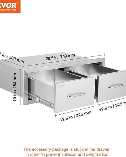 VEVOR Outdoor Kitchen Drawers 30" W x 10" H x 20" D, Horizontal Double BBQ Access Drawers Stainless Steel with Handle, BBQ Island Drawers for Outdoor Kitchens or Patio Grill Station