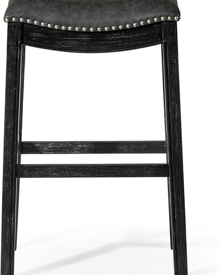Maven Lane Adrien Backless Bar Stool – Set of 2 – 31 Inch Saddle Seat with Footrest – Black Solid Wood Frame & Grey Faux Leather Upholstery – Ideal for Bars, Pub Tables & Tall Kitchen Counters