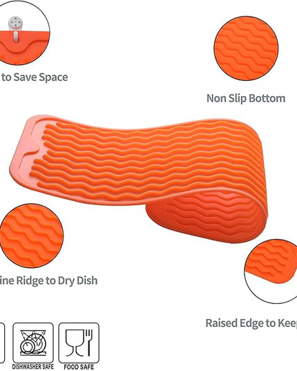 Silicone Dish Drying Mat for Multiple Usage,Easy clean,Eco-friendly,Heat-resistant Silicone Mat for Kitchen Counter,Sink,Bar,Bottle,or Cup Orange M 17 inches x 6 inches