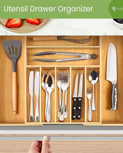 Bamboo Drawer Organizer, 2 Pack - Expandable Silverware Organizer & Utensil Drawer Organizer, Cutlery Tray with Dividers, 7-9 Slots- Premium Kitchen Organizer for Utensils & Flatware (Natural)
