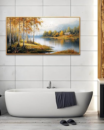 ERQINHUA Large Canvas Wood Framed Wall Art Living Room Wall Decor For Bedroom Forest Landscape Painting Lakeside Watercolour Wall Pictures Artwork Picture Office Farmhouse Home Decorations 24x48 In