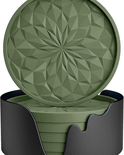 ME.FAN Silicone Coasters with Holder,[6 Pack] Drinking Coasters - Cup Mat for Hot or Cold Drinks, Thickened, Non-Slip, Non-stick,Deep Tray Olive Green
