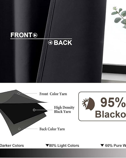 Gwine Black Blackout Curtains for Bedroom 90 inches Long 2 Panels Set, Solid Noise Reducing Thermal Insulated Blackout Curtains for Living Room with Rod Pocket, Each 50" Wx90 L
