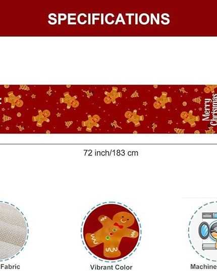 Red Christmas Gingerbread Table Runner 13x72 Inch, Cookie Candy Cane Kitchen Dinning Table Decoration for Home Party Decor