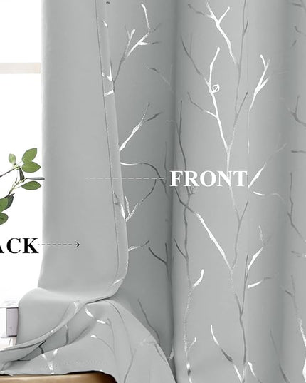BUHUA Blackout Curtains 54 Inches Long, Branches Tree Print Pattern Room Darkening Curtain, Living Room Curtains & Drapes, Thermal Insulated Window Panel Set, 52 x 54 Inch, Silver Grey