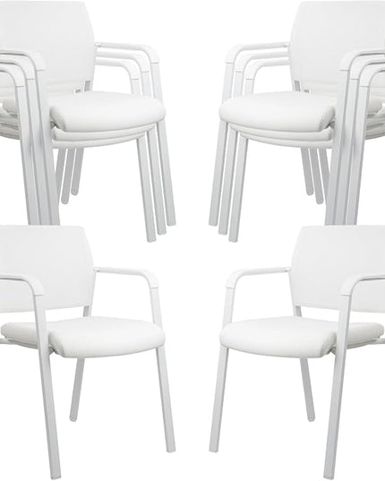 CLATINA Stacking Office Chairs | Mesh Back, Thicken Leather Seat and Arms, Ergonomic Lumber Support | Guest Reception, Waiting, Conference, School, Party, Customer, Side, Stationary | Set of 8, White