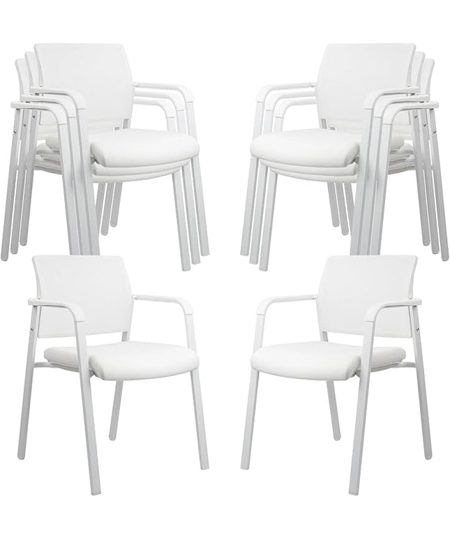 CLATINA Stacking Office Chairs | Mesh Back, Thicken Leather Seat and Arms, Ergonomic Lumber Support | Guest Reception, Waiting, Conference, School, Party, Customer, Side, Stationary | Set of 8, White