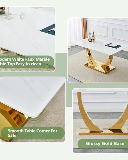 63” Dining Room Table Set for 6,Modern Gold Dining Table Set for 6 with Leather Chairs, White Faux Marble Dinner Table Set with Tempered Glass Top and Golden Base
