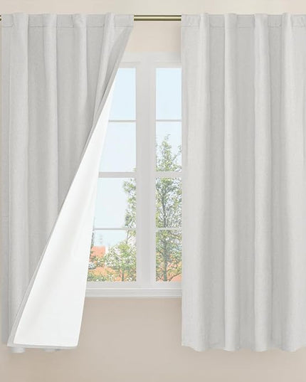 LAMIT Light Grey 100% Blackout Linen Curtains, 63 Inches Linen Textured Thermal Bedroom Curtains Back Tab and Rod Pocket Neutral Panels with White Liner for Farmhouse, 2 Panels, 38 x 63 Inch