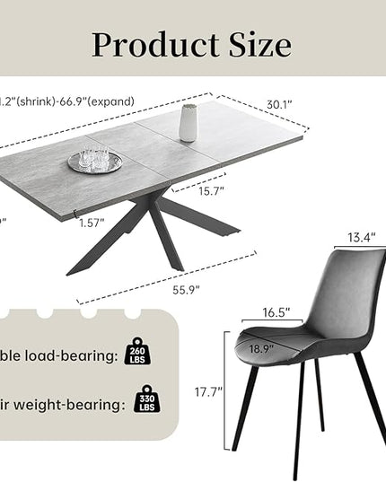 ZckyCine 51"-67" Extendable Dining Table Set with 6 Dining Chairs, Modern Rectangular Kitchen Table Set for 6-8 People, Space-Saving Expandable Dining Table with Metal Frame