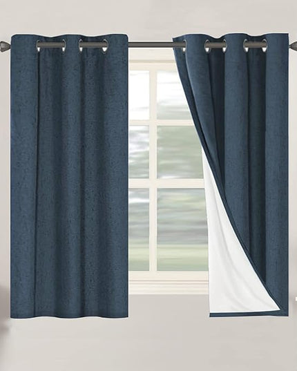 H.VERSAILTEX Primitive Linen Blackout Curtains with Burlap Fabric and White Thermal Insulated Liner, Grommet Top Curtains for Living Room/Bedroom (2 Panels, 42 x 54 Inch, Navy)