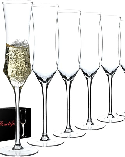 Champagne Flutes Set of 6 - Hand Blown Crystal Champagne Glasses With Long Stem - 7 oz Elegant Sparkling Wine Stemware - Unique Gift for Birthday,Wedding,Mother's Day,Housewarming
