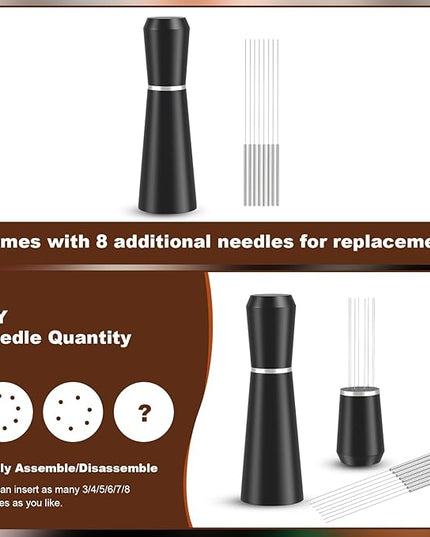WDT Espresso Distribution Tool, 0.35mm 8 Needle Coffee Stirrer with 8 Extra Needles, 304 Stainless Steel, Aluminum Alloy Handle with Stand, Barista Espresso Whisk Tool (Metal Black)