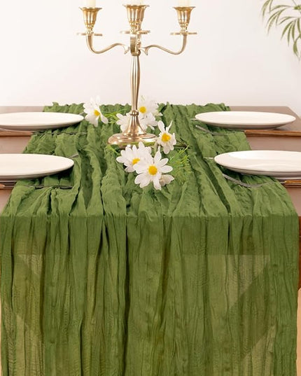 Socomi 10pcs Moss Green Christmas Cheesecloth Table Runner Boho Rustic Gauze 120 inch 10FT Cheese Cloth Runner for Wedding Party Baby Shower Birthday Home Decor Holiday Decorations