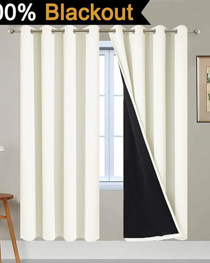 Yakamok 100% Blackout Curtains for Bedroom, Thermal Insulated Double Layer Drapes with Grommet for Living Room, Cream, 2 Panels, W52 x L72