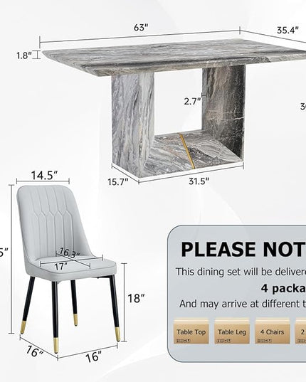 Dinner Table Set for 6, 7 Piece Dining Table Set with Chairs, 63" Faux Marble Modern Table with 6 PU Leather Upholstered Chairs, for Kitchen & Dining Room