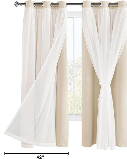 Hiasan Blackout Curtains with Sheer Overlay, Grommet Thermal Insulated Privacy Mix and Match Double Layer Window Curtains for Girls Bedroom, Living Room, 2 Drape Panels with Tiebacks, Beige, 42W X 63L
